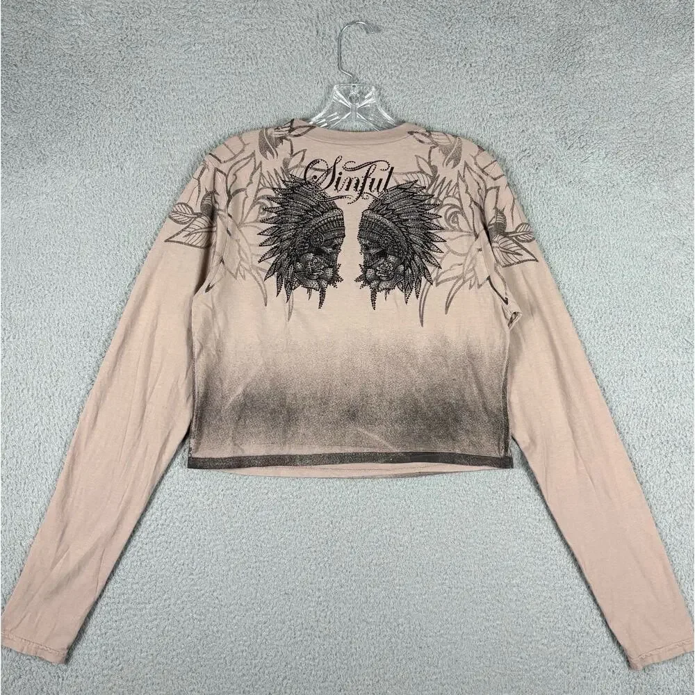 Sinful Affliction Cropped Top Women's XL Beige Thunder Sky Rhinestone Grunge